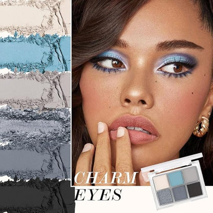6 Colors Glitter Matte Eyeshadow Palette, Light White Sky Blue Gray Silver Black Sparkly Eyeshadow Palette Makeup, Warm Eye Shadows Palette Long Lasting Naturing-Looking Women Girls Eye Shadow 03