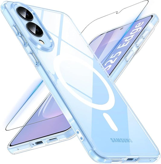 OWKEY for Samsung Galaxy S25 Edge Case 6.65'',Magnetic S25 Edge Case for Magsafe with Tempered Glass Screen, [Shockproof Military] Transparent Back Slim Bumper Cover Phone Case Galaxy s25 Edge,Clear