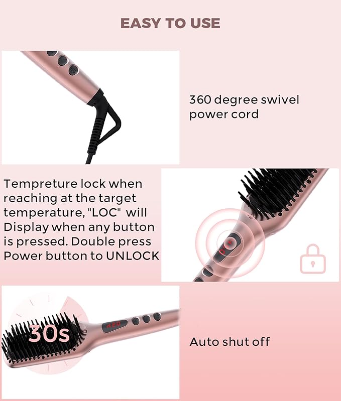 MEGAWISE Pro Ceramic Ionic Hair Straightener Brush for Home Salon | MCH Fast 20s Heating Tech with Auto-Off Safety | Anti-Scald with Universal Dual Voltage | Rotatable Power Cord