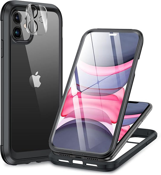 Miracase Glass Series Designed for iPhone 11 Case [2023 Upgraded] Full-Body Rugged Bumper Case with Built-in 9H Tempered Glass Screen Protector and Camera Protector (Black)