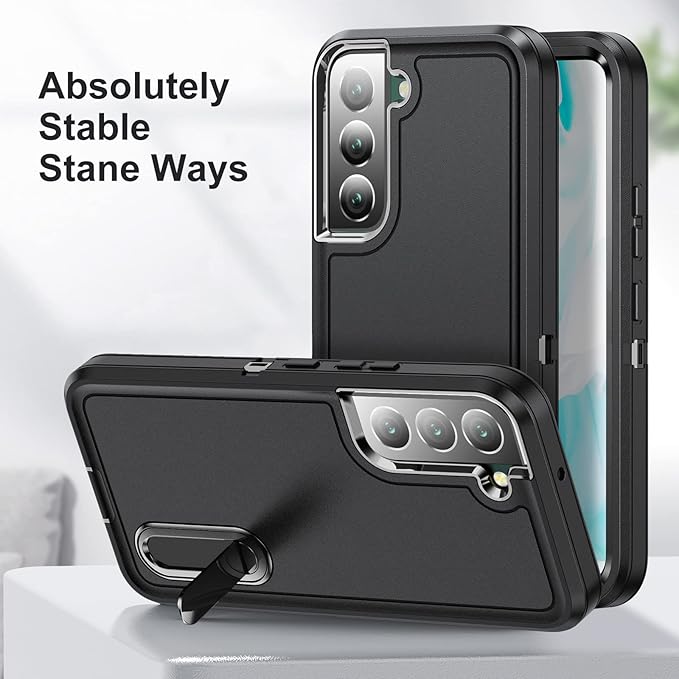 for Samsung Galaxy S22 Plus Case with Kickstand Case 3-Layer Military Grade Protective Case Cover Silicone Rugged Shockproof for Galaxy S22 Plus Phone Case Black+Black