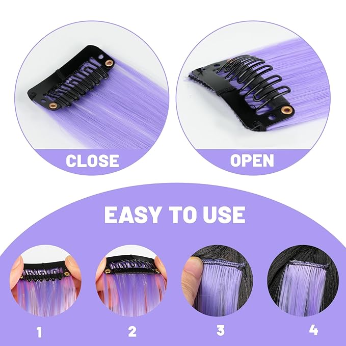 22 inch Colored Hair Extensions, Multi-colors Party Highlights Clip in Synthetic Hair Extensions, Color Party Highlights Hairpieces for Girls Women(10 PCS Light Purple)