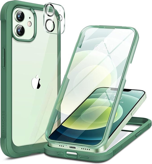 Miracase Glass Series for iPhone 12/12 Pro - Full-Body Rugged Protective Case with Built-in 9H Tempered Glass Screen Protector and Camera Lens Protector - Green