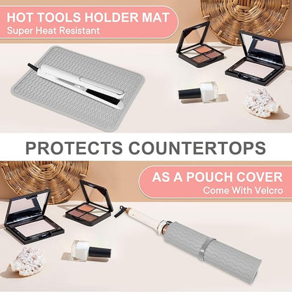Oversize Silicone Heat Resistant Mat, Portable Travel Mat Cover with Velcro for Curling Irons, Flat Irons, Hair Straightener and Hot Hair Styling Tools(14.2" x 11")
