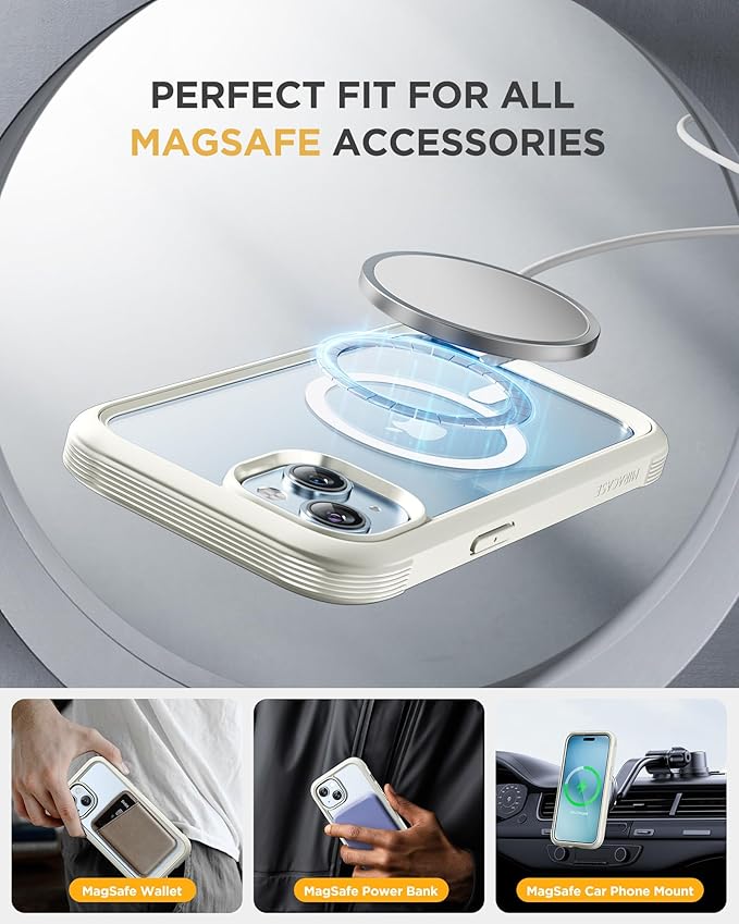 Miracase Glass Series for iPhone 15 Case [Compatible with MagSafe] Full-Body Magnetic Bumper Case with Built-in 9H Tempered Glass Anti-Fingerprint Screen Protector + Camera Lens Protector, White