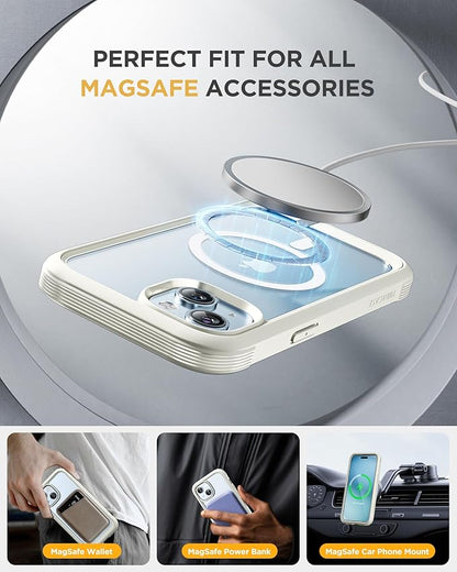 Miracase Glass Series for iPhone 15 Case [Compatible with MagSafe] Full-Body Magnetic Bumper Case with Built-in 9H Tempered Glass Anti-Fingerprint Screen Protector + Camera Lens Protector, White