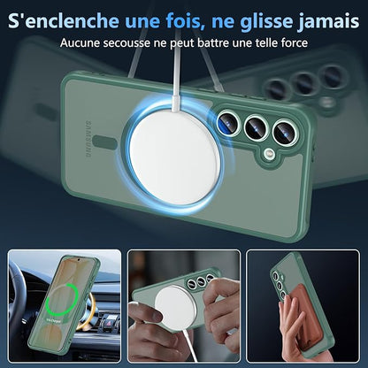 OWKEY for Samsung Galaxy S24 FE Case 6.7'', Magnetic Galaxy S24 FE Case for Magsafe with Tempered Screen Protector [Shockproof Military] Translucent Matte Bumper Phone Cover Samsung S24 FE 5G, Green