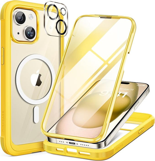 Miracase Magnetic for iPhone 15 Plus Case 6.7'' [Compatible with Magsafe] Full-Body Military Drop Proof 15 Plus Phone Case Cover with Built-in 9H Tempered Glass Screen Protector,Magnetic Yellow