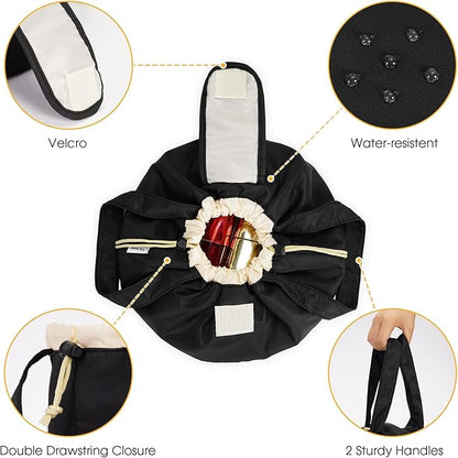 Narwey Barrel Drawstring Makeup Bag Large Cosmetic Bag Make up Bags Women and Girls Toiletry Organizer for Travel Toiletries Accessories Essentials (Black) (Patent)