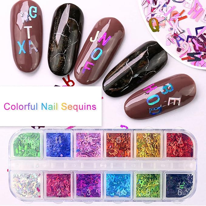 12 Colors Letter Nail Art Glitter Sequins, Holographic 3D Alphabet Nail Art Flakes Designs, Laser Letters Glitter Acrylic Nails Supplies for Women Girls Manicure Sparkly Decorations, DIY Shiny Crafts