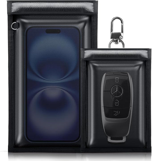 2 Pack Faraday Bags for Phones & Key Fobs, Anti-Theft Signal Blocking Pouch, Fireproof & Waterproof RFID Faraday Cage for Car Keys, Phones, and RFID Cards, Portable Design (Black)