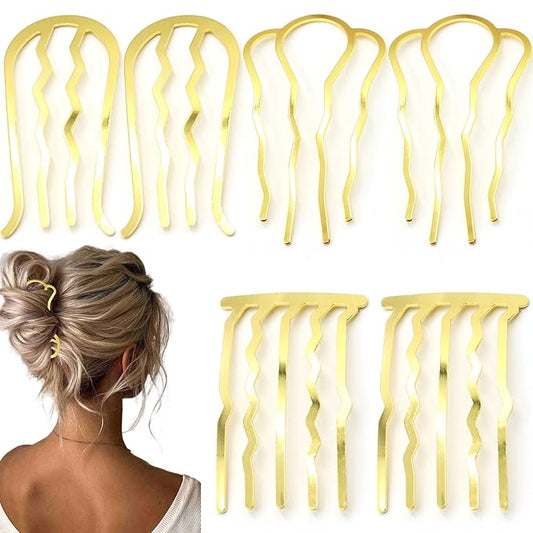 6 PCS Metal Hair Side Combs Pins Fork Clip Teeth Stick for Updo Bun, U Shape Hair Accessories for Vintage Hairstyle, Gold for Fine Hair