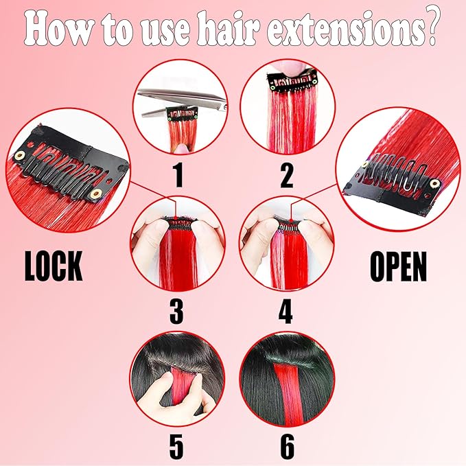 12 PCS Red White Blue Clip-In Straight Hair Extensions, 22 Inch Colored Party Synthetic Neon Highlights, Rainbow Hair Accessories for Girls Women Kids