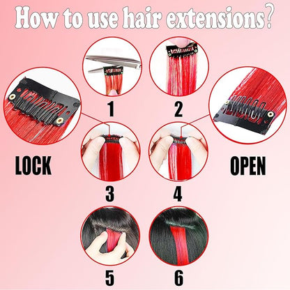 12 PCS Red White Blue Clip-In Straight Hair Extensions, 22 Inch Colored Party Synthetic Neon Highlights, Rainbow Hair Accessories for Girls Women Kids