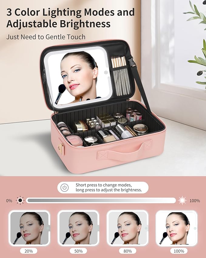 MONSTINA Makeup Bag with LED Mirror,Lighted Make up Travel Case Cosmetic Bag Professional Cosmetic Artist Organizer with LED Light Mirror,3 Adjustable Brightness for Girls and Women,Middle Pink