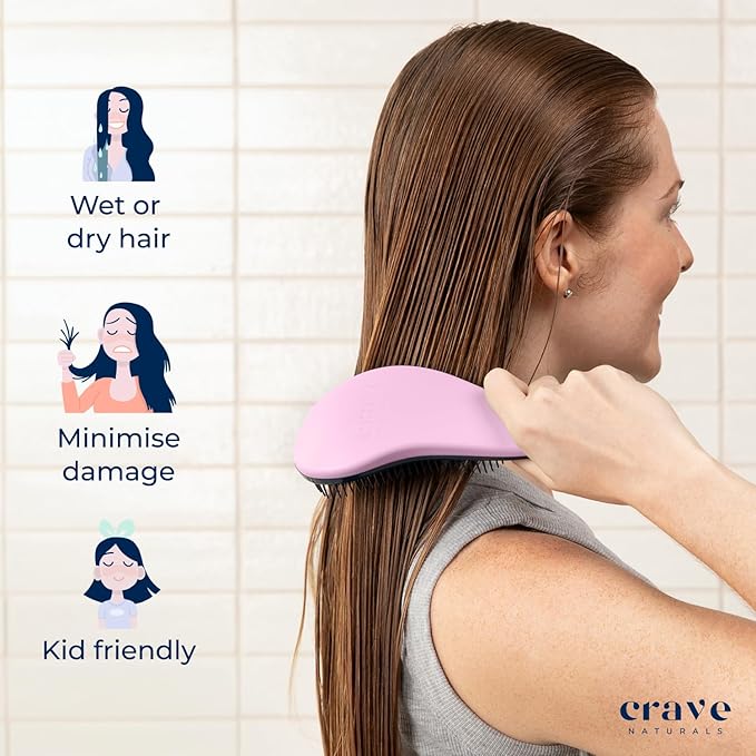 Crave Naturals Biggie Glide Thru Hair Brush - Detangler Brush for Curly, Straight, Wet or Dry Hair - Gentle Detangling Brushes for Adults, Kids, Toddlers - Hair Accessories for Women, 8.4"x3.4" - Pink