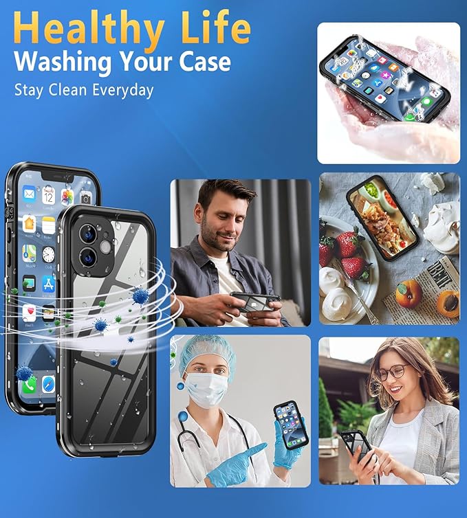 Design for iPhone 12 Case Waterproof, Full Body Underwater Dustproof Shockproof Case Built-in Screen Protector (Clear, 12-6.1)