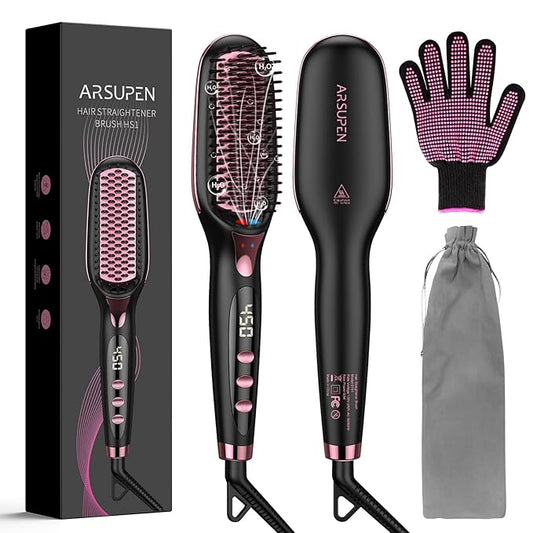 OMTech Hair Straightener Brush, Heated Brush for Women with Anti-Scald, Auto Temperature Lock and Auto-Off, MCH Fast Heating, Home, Barber Shop