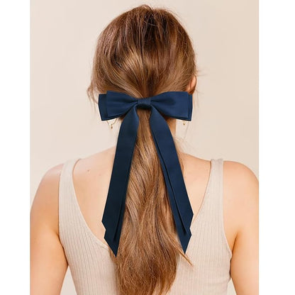2PCS Silky Satin Hair Bows Hair Clip Blue Hair Ribbon Ponytail Holder Accessories Slides Metal Clips Hair Bow for Women Girls Toddlers Teens Kids