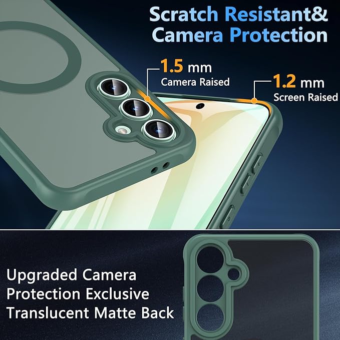 OWKEY for Samsung Galaxy S24 FE Case 6.7'', Magnetic Galaxy S24 FE Case for Magsafe with Tempered Screen Protector [Shockproof Military] Translucent Matte Bumper Phone Cover Samsung S24 FE 5G, Green