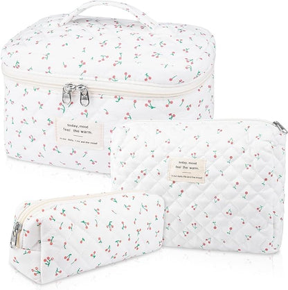 3PC Quilted Makeup Bag, Large Floral Makeup Bags for Women, Cute Cotton Cosmetic Bag Set, Flower Travel Toiletry Organizer Bags (white cherry)