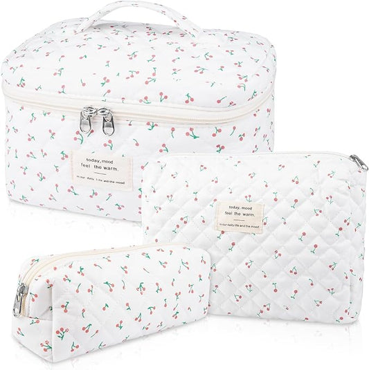 3PC Quilted Makeup Bag, Large Floral Makeup Bags for Women, Cute Cotton Cosmetic Bag Set, Flower Travel Toiletry Organizer Bags (white cherry)