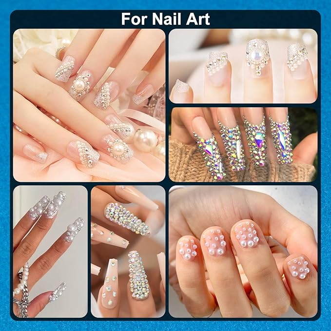 Nail Art Rhinestone Glue Gel&2 Boxes Flatback Gems Kit, 1 Tube of 15ml Rhinestone Gel Glue+Round AB&Clear Gems+Flat-Back Half Round White&Beige Pearls with Pickup Tools