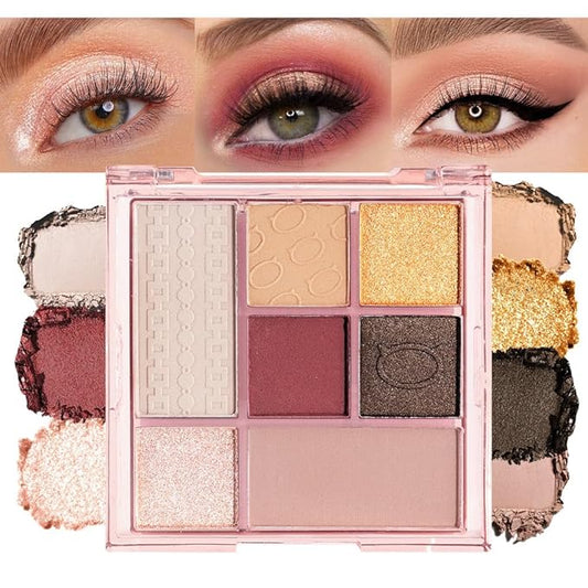 Seven Color Matte Shimmer Eyeshadow, 7 Red Nude Brown Golden Champagne Pressed Powder Eyeshadow, Daily Silky Makeup Eyeshadow Palette, Easy to Carry, Vegan & Cruelty-Free, 01# 0.32 Oz