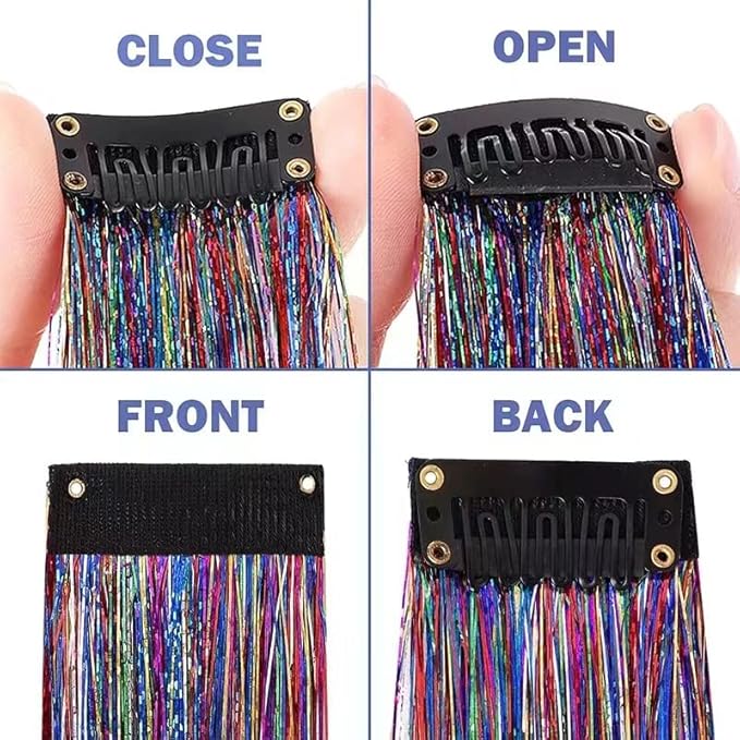 12PCS Tinsel Hair Extensions Glitter Hair Extension Clip in Gold Sparkling Fairy Hair Tinsel Kit Shiny Highlights Colorful Heat Resistant Hair Accessories for Girls New Year Party(Blue+Purple)