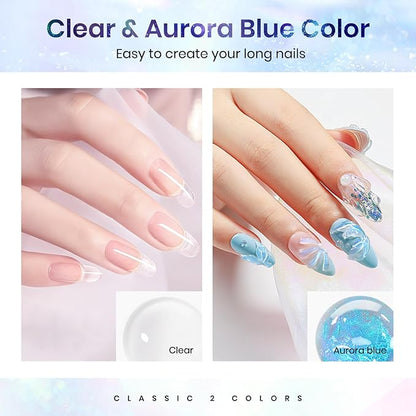 MIZHSE 2PCS Solid Builder Gel for Nails Kit: 30g/1oz Clear & Aurora Hard Gel for Nail with Nail Forms 3D Silicone Mold Soak off U V Builder Extension Gels for Women