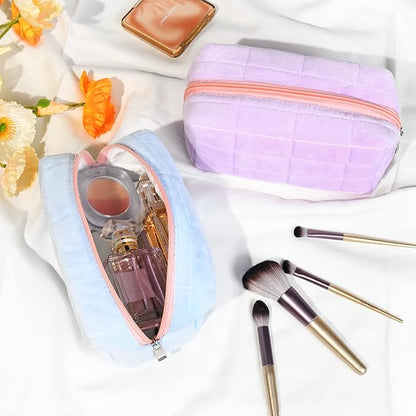 2 Pieces Makeup Bag Cute Cosmetic Bag Plush Blue Purple Makeup Pouch Travel Toiletry Bag Organizer Makeup Brushes Storage Bag for Women