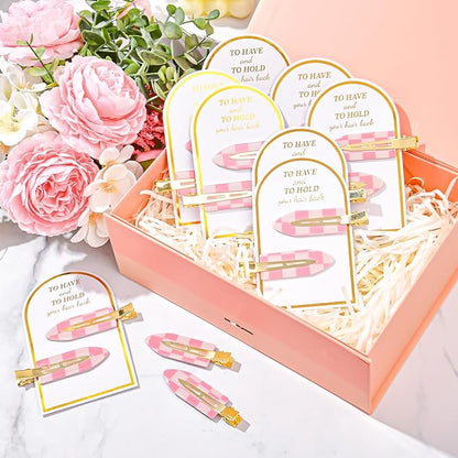 20PCS Bridesmaid Pink Checkered Hair Accessories - No Bend Creaseless Glitter Hair Clips for Bride Women Girls (20Pcs/10Cards)