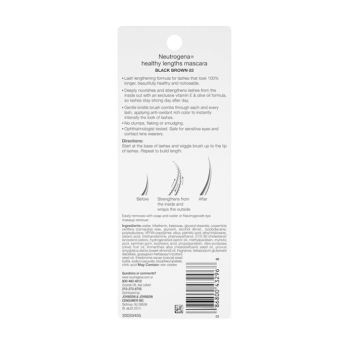 Neutrogena Healthy Lengths Mascara for Stronger, Longer Lashes, Clump-, Smudge- and Flake-Free Mascara with Olive Oil, Vitamin E and Rice Protein, Black/Brown 03,.21 oz