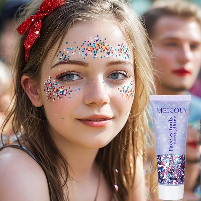 MEICOLY Red White and Blue Body Glitter,4th of July Accessories,4th of July Outfits for Women Kids,Fourth of July Patriotic Face Glitter for Independence Day President's Day Patriotic Veterans Day