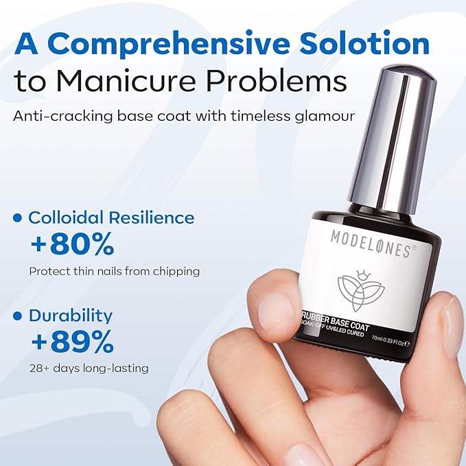 modelones Rubber Builder Gel Base Coat for Nails, Clear Rubber Base Gel Nail Polish for Strengthen/Apex Building/Enhance/Reinforced Long Lasting Protect Soak Off U V LED For Thin Weak Nails