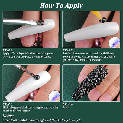 6 Sizes Black Glass Crystal Kit with Pickup Pen + Tweezer Tools for Shine Nail Art Manicure Makeup DIY Decoration Flatback Round Rhinestone Gem Jewelry Diamond