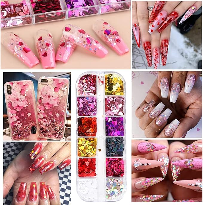 3D Heart Nail Glitter Sequins Heart Nail Art Stickers Decals Nail Art Supplies Heart Glitter nail Flakes Holographic Confetti Nail Glitters for Acrylic Nails Designs Makeup DIY Decoration