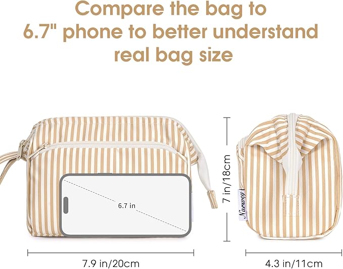 Narwey Striped Makeup Bag Women Wide-open Make up Bag Travel Cosmetic Bag Organizer Toiletry Bag for Cosmetics Toiletries Accessories (Brown Stripe)