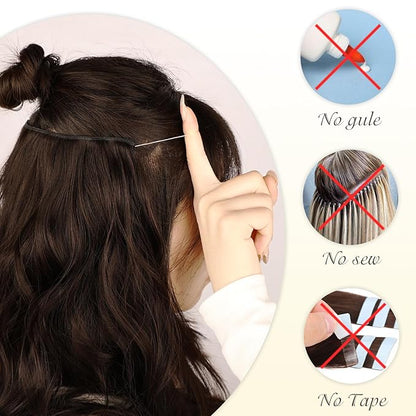 MORICA Invisible Wire Hair Extensions - 20 Inch Blonde Long Wavy Synthetic Hairpiece with Transparent Wire Adjustable Size, 4 Secure Clips for Women