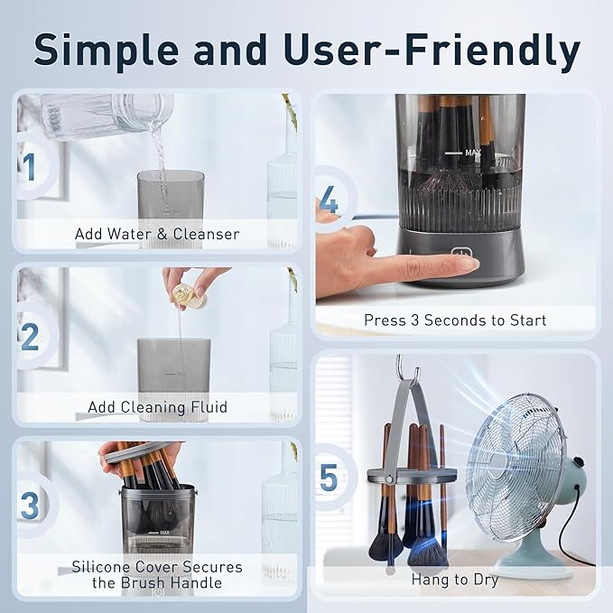 Electric Makeup Brush Cleaner - 9000 RPM Makeup Brush Cleaning Machine, IP65 Waterproof Automatic Makeup Brush Cleaner for Makeup Sponges and Brushes(Gray)