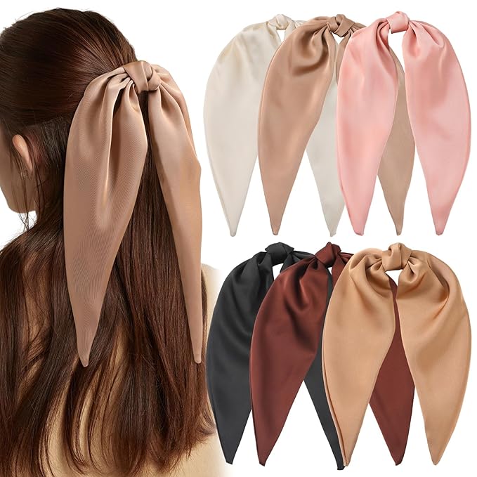 6PCS Silky Satin Hair Bows, Hair Bow Clips with Long Tail, Hair Bows for Girls & Women Elegant Bow Hair Ribbon Ponytail Holder, Alligator Metal Clips Accessories for Toddler & Kids Gifts Neutral Color