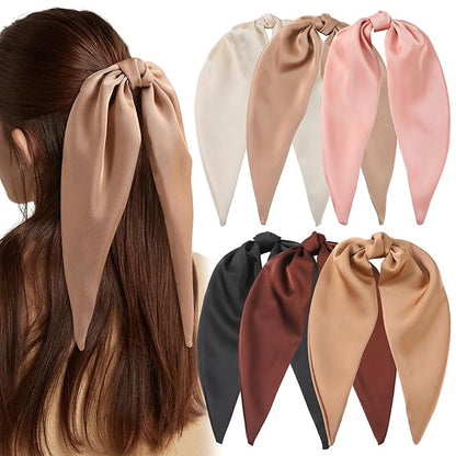 6PCS Silky Satin Hair Bows, Hair Bow Clips with Long Tail, Hair Bows for Girls & Women Elegant Bow Hair Ribbon Ponytail Holder, Alligator Metal Clips Accessories for Toddler & Kids Gifts Neutral Color