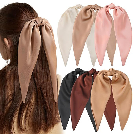 6PCS Silky Satin Hair Bows, Hair Bow Clips with Long Tail, Hair Bows for Girls & Women Elegant Bow Hair Ribbon Ponytail Holder, Alligator Metal Clips Accessories for Toddler & Kids Gifts Neutral Color