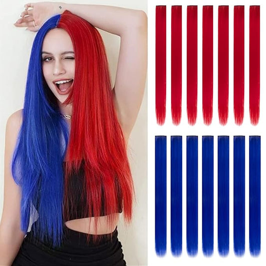 14 PCS Colored Clip In Hair Extensions 20 Inch Colorful Party Highlights Clip In Straight Rainbow Hairpieces, Halloween Cosplay Christmas New Year Gift For Women Kids Girls(Red, Blue-14Pcs)