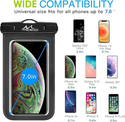MoKo Waterproof Phone Pouch Holder, Cellphone Case Dry Bag with Lanyard Armband Compatible with iPhone 14 13 12 11 Pro Max, Samsung S21/S20/S10, Black