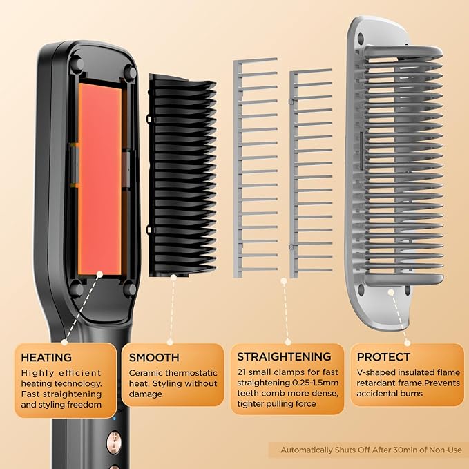 Hair Straightener Brush, Negative Ion Flat Iron & Straightening Comb 2 in 1 with Convenient Comb, Fast Heating, Anti-Scalding, 30s Fast Heating, 5 Temp Settings 284℉ - 392℉ (Gunmetal Gray)
