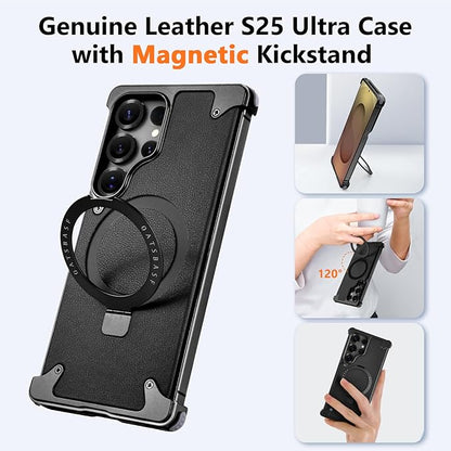 S25 Ultra Case Leather Magnetic with Ring Kickstand, Frameless for Samsung Galaxy S25 Ultra Case for Magsafe, Slim Drop-Proof Protective S25Ultra Cover for Men Women 6.86 Inch, Black