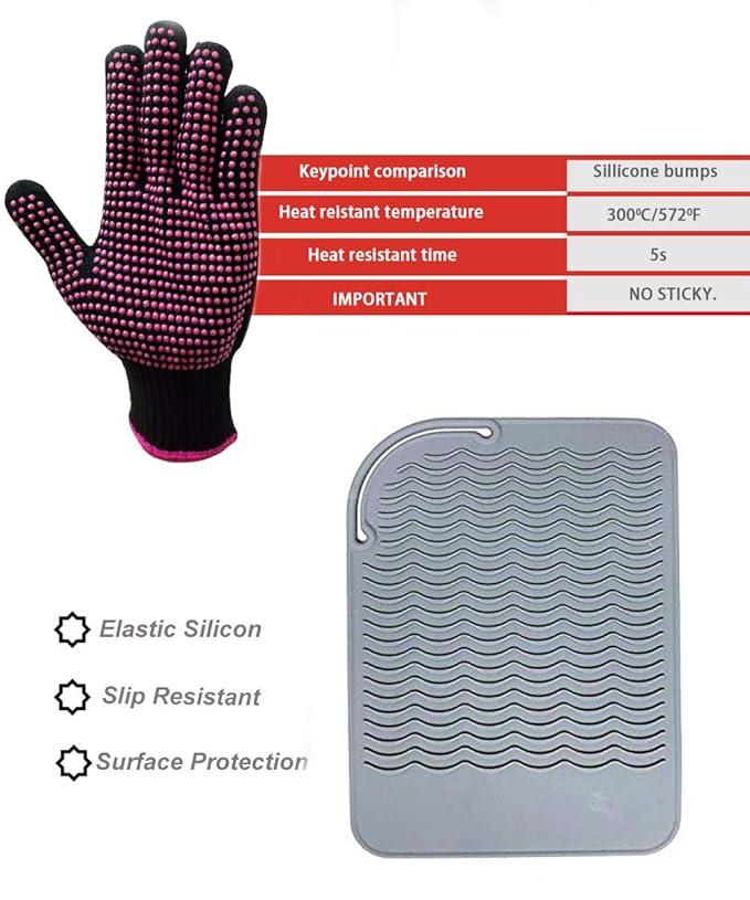 Heat Resistant Glove with Silicone Bump Mat for Curling Iron, Hair Straightener, Flat Irons - 9 x 6.5 Food Grade Mat, Grey