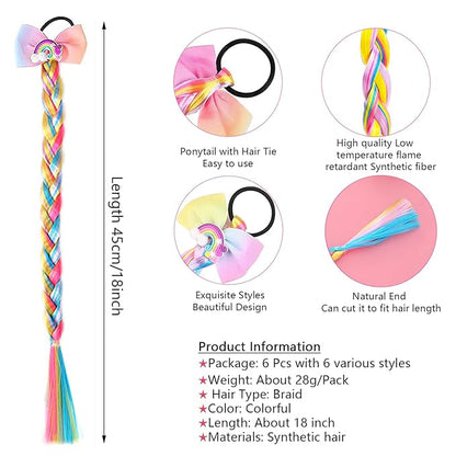 Ozzwolle 6 Pcs Girls Braid Ponytail Extensions Hairpieces, Colored Braid Hair Extensions Hair Pieces for Kids Little Girls