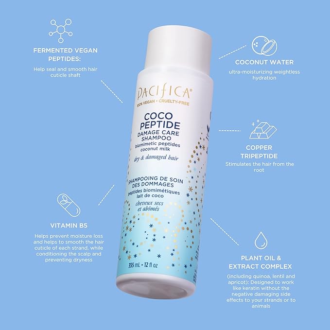 Pacifica Coco Peptide Damage Care Shampoo – Repairing Sulfate-Free Shampoo for Damaged Hair, Split Ends & Breakage, w/Collagen & Peptides Silicone-Free Clean Vegan & Cruelty-Free Dermatologist Tested